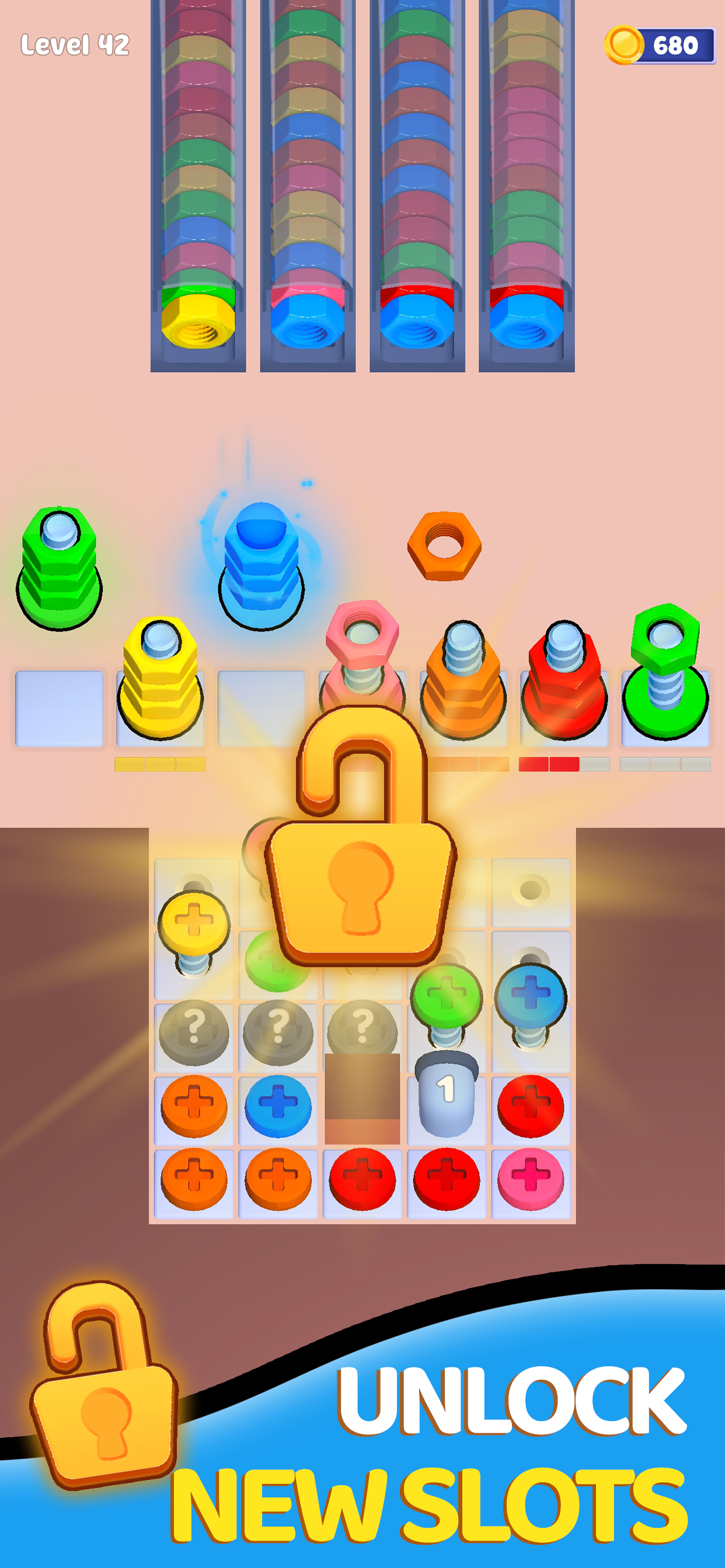 Puzzle flow with layered bolt arrangements